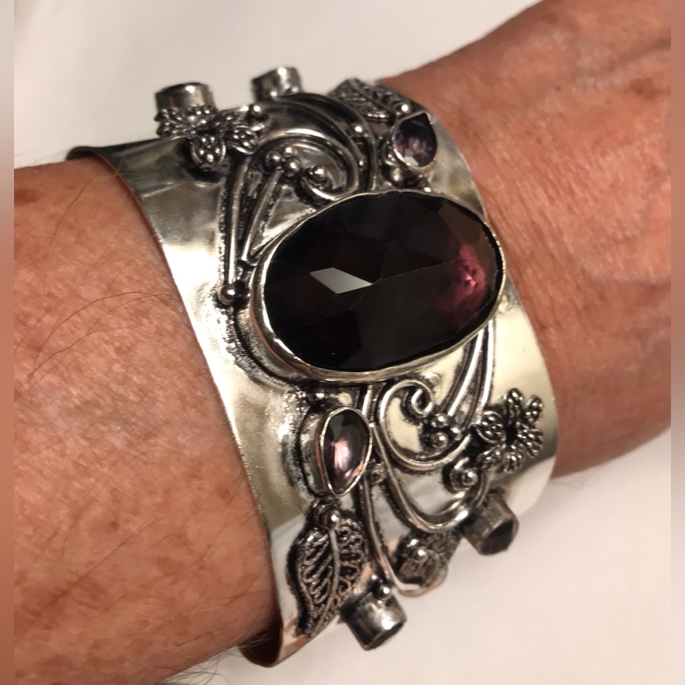 Amethyst Stamped Solid 925 Sterling Silver Cuff Bracelet